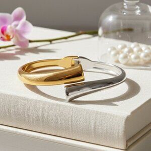 Two Tone Modern Bangle Bracelet 18K Gold Plated Stainless Steel Mixed Metal Cuff